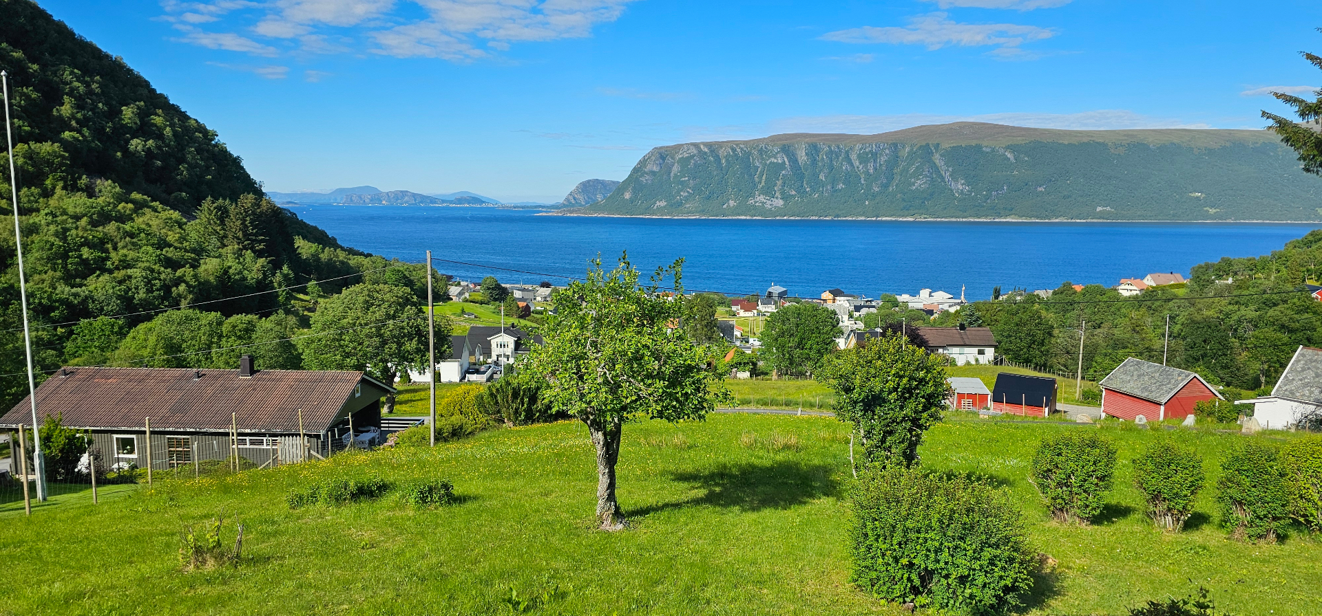 Sommarutsikt mot fjorden og fjella frå hagen