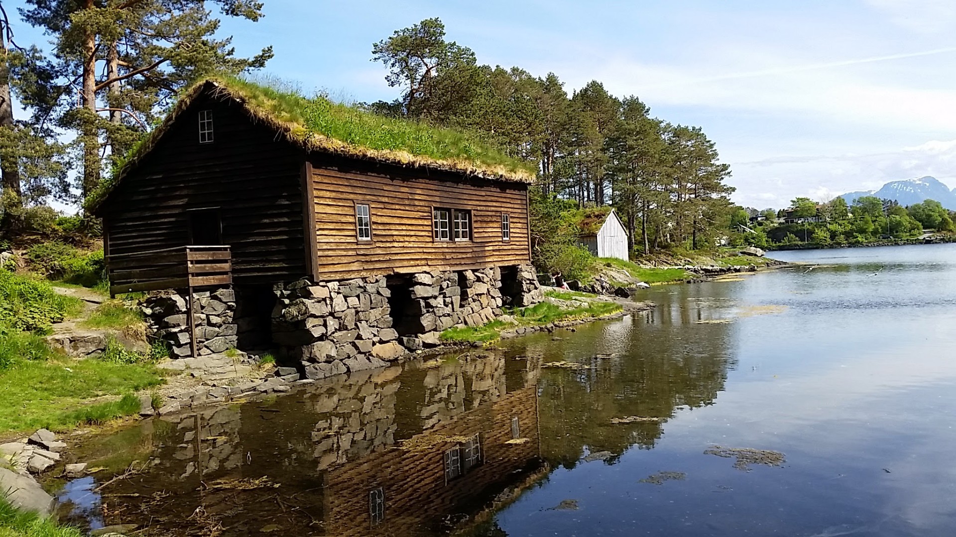 Old storehouse with sod roof by the water's edge